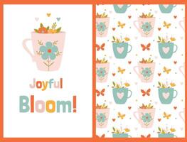 Spring holiday card and pattern set with a cute cup of flowers vector