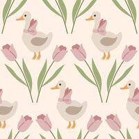 Cute, spring, cozy pattern with tulips and duck. Cute duck character with bow on his neck vector
