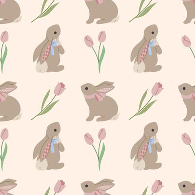 Cute, spring, cozy pattern with bunnies and wildflowers