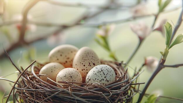 Eggs in a nest on a tree branch photo