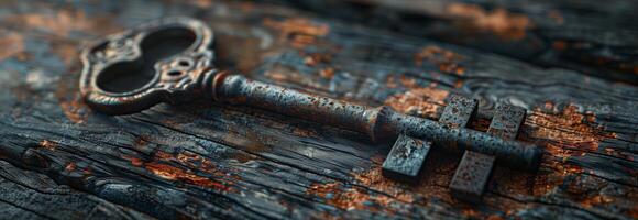 An old rusty key on a wooden surface photo