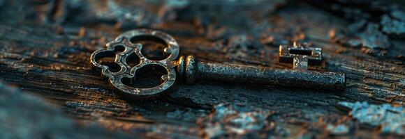 An old key laying on a wooden surface photo