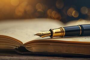 A fountain pen on an open book with bokeh background photo