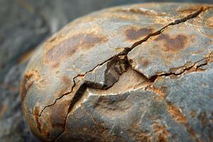 A rock with a crack in it sitting in water photo