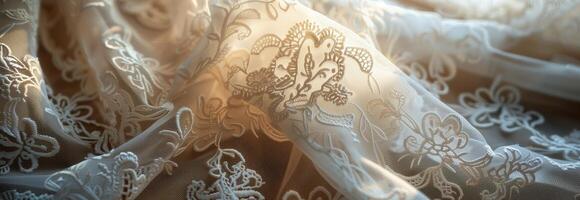 A close up of a white lace fabric photo