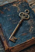 An old book with a key on top photo