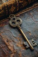 An old key sits on top of an old book photo