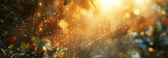 A spider web with water droplets and sunlight shining through photo
