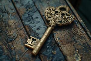 A key sitting on a wooden table photo