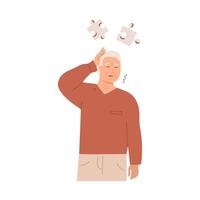 Elderly man experiencing memory loss and cognitive decline, touching his head with confused expression. Alzheimer disease dementia concept. Flat Style Illustration isolated on white background. vector