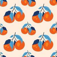 Trendy fruit seamless pattern. Tropical summer background with hand drawn tangerine on branch. Modern design for paper, cover, fabric. vector