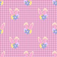 Easter Background. Easter egg with rabbit ears and flower on pink chequered background. Seamless pattern for textile, wrapping paper, postcards or covers. vector
