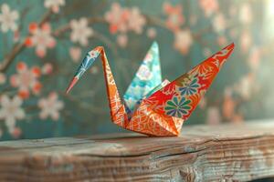 A paper crane sitting on a table photo