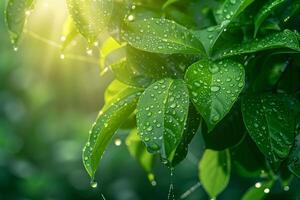 Green leaves with water droplets on them in the sunlight photo