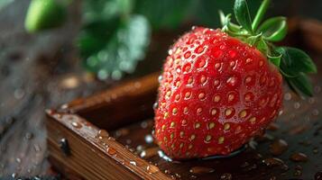 A strawberry sitting on top of a wooden table photo