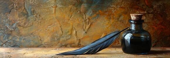 A bottle with a feather and ink on a table photo