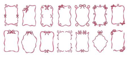 Collection of colorful coquette ribbon frames in vintage doodle style. Isolated design elements. Flat illustration. vector