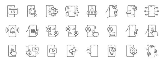 Set of smartphone related line icons. Device, message, phone, call, app, screen etc. Editable stroke vector