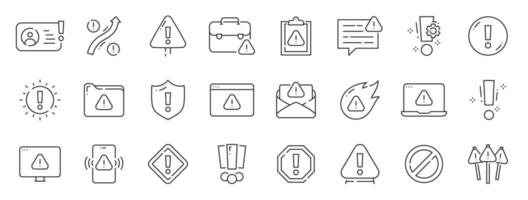 Set of warning related line icons. Alert, caution, danger, error, shield etc. Editable stroke vector