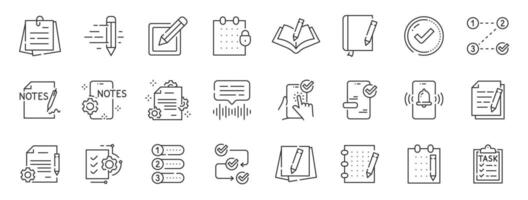 Note and task line icons. Checklist, document, notepad, list etc. Editable stroke. Set 2 vector