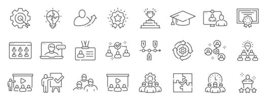 Set of workshop related icons. Training, seminar, conference etc. Editable stroke vector