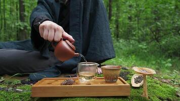 Enjoy a serene tea ceremony in a tranquil forest, surrounded by nature for relaxation. Media video