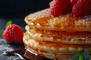 A stack of pancakes with raspberries and syrup photo