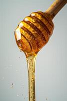 Honey dripping from a wooden stick on a gray background photo