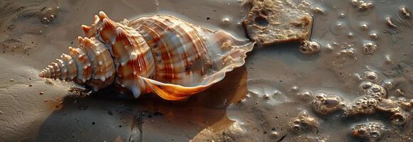 A shell is sitting on the sand photo