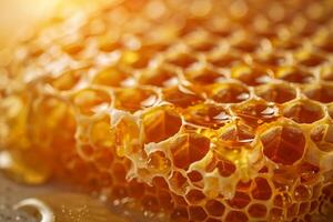 Close up of honeycomb with honey dripping from it photo