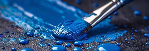 A paint brush is being used to paint blue paint photo