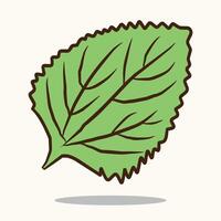 Flat cartoon design of a single green leaf with textured veins on pastel background. Perfect for natural themes, eco-friendly designs, and organic products. Simplistic and calming visual appeal. vector