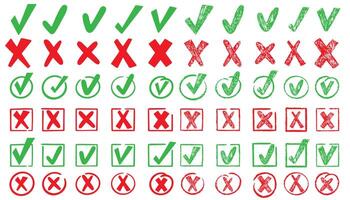 Check marks doodle set. Vote, yes, no, checkbox, checklist, thick and cross signs, and drawn concept. Green and red color. Hand drawn doodle sketch style illustration vector