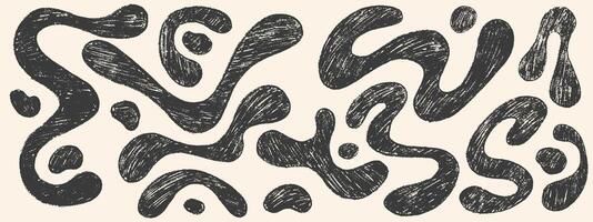 Funky crayon organic liquid shapes and fluid forms. Various bubbles, organic irregular shapes with pencil texture. Bold hand drawn lines, spots. Crayon drawn colorful illustrations. vector