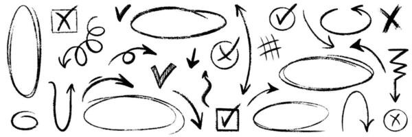 Pencil hand drawn various oval, chalked arrows, check marks. doodle marker drawing. Hand drawn charcoal symbols for diagrams. Freehand grunge red strikethrough and underline element vector