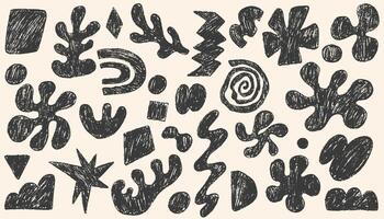 Funky abstract geometric shapes and figures. Boho shapes drawn by crayon. Doodle modern figures, squiggle and other primitive elements pencil texture. Contemporary native swiss design aesthetic. vector