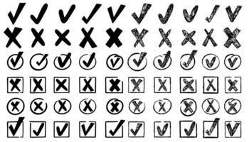 Check marks doodle set. Vote, yes, no, checkbox, checklist, tick and cross signs, v and x drawn concept. Hand drawn doodle sketch style illustration s vector