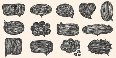 Speech bubbles with crayon or chalk texture. Charcoal doodle comic empty grunge chalk speech bubbles set in doodle style. Hand drawn kid's style pencil dialog balloon, various text clouds set vector