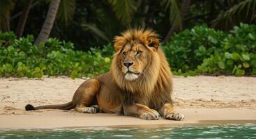 A lion sitting on the beach near the water photo