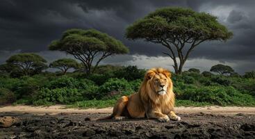 A lion sits on the ground in front of trees photo