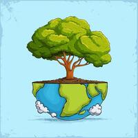 Hand drawn green tree implanted in half of the globe, showing care, celebrating the earth day event vector
