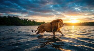 Lion walking on water at sunset photo