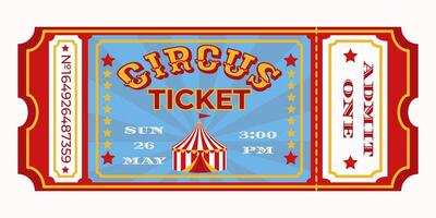 Vintage circus ticket with red and blue design featuring a striped circus tent, stars, and event details. Event pass template for admission and entertainment entry. vector