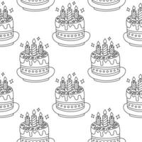 Seamless black and white pattern with hand drawn birthday cakes with candles and decorative elements. Monochrome celebration background for design and print. vector