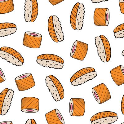 Japanese food sushi doodles seamless pattern for wallpaper, backgrounds, digital paper, packaging, products wrapping paper, textile prints, etc. EPS 10