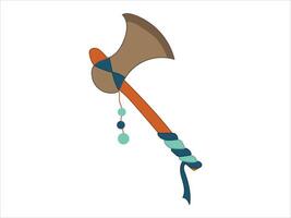 Prehistoric Tribal Stone Axe with Wood Handle and Decorative Elements. Ancient Stone Weapon. White Background. Concept of Primitive Tools, Warrior Equipment, Historical Artifacts, Indigenous Craft vector
