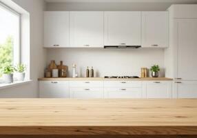 White kitchen with wooden table and counter space photo