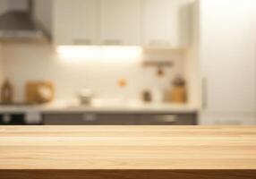 Wooden table top in kitchen with blurred background photo