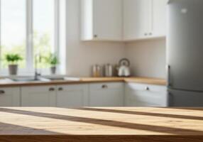 A kitchen table with a refrigerator and stove top photo
