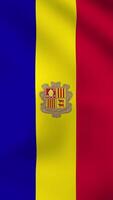 Vertical, portrait, waving national flag of Andorra. Smooth animation with highly detailed, realistic animated background for social media, screens smartphone. Official colors cloth motion video